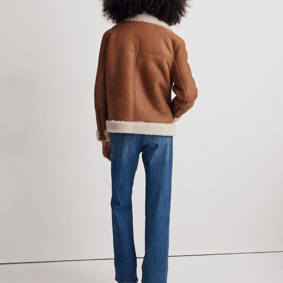NWT Madewell Oversized Leather Shearling Motorcycle Jacket Acorn - Picture 2 of 5